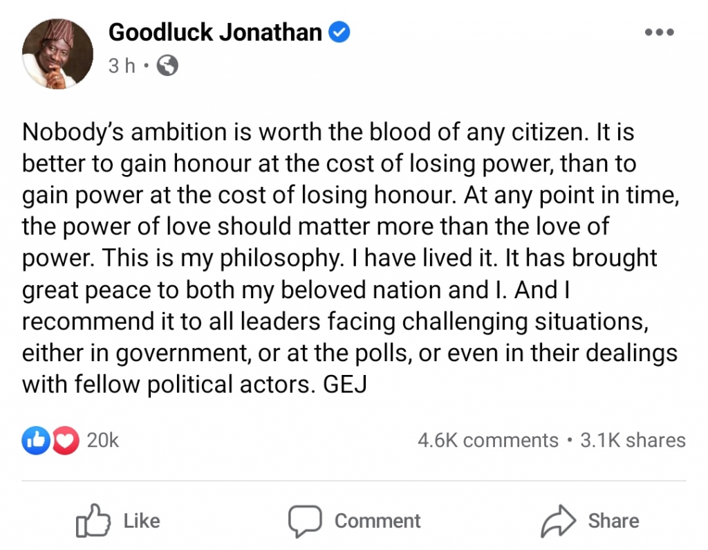 Jonathan To Trump: It Is Better To Gain Honour At The Cost Of Losing Power